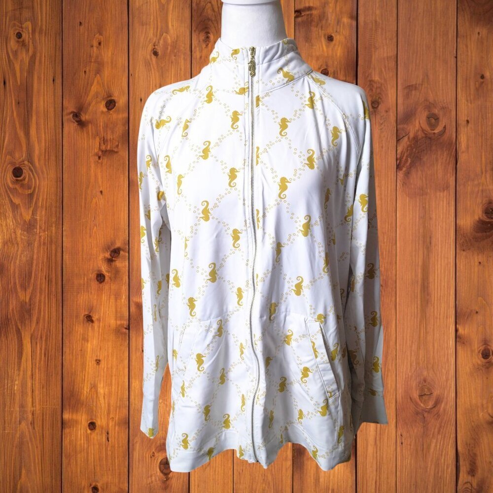Sunset And Sweet Tea Large Seahorse Print Zip Up  Beach Stretch Coastal Jacket
